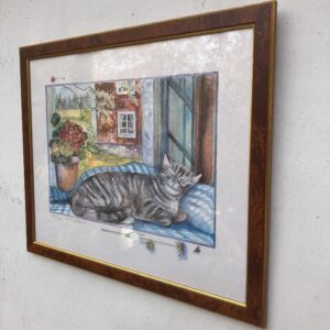 Signed Watercolor Print – Framed Swedish Art, Cat in Sunlit Window - Image 7