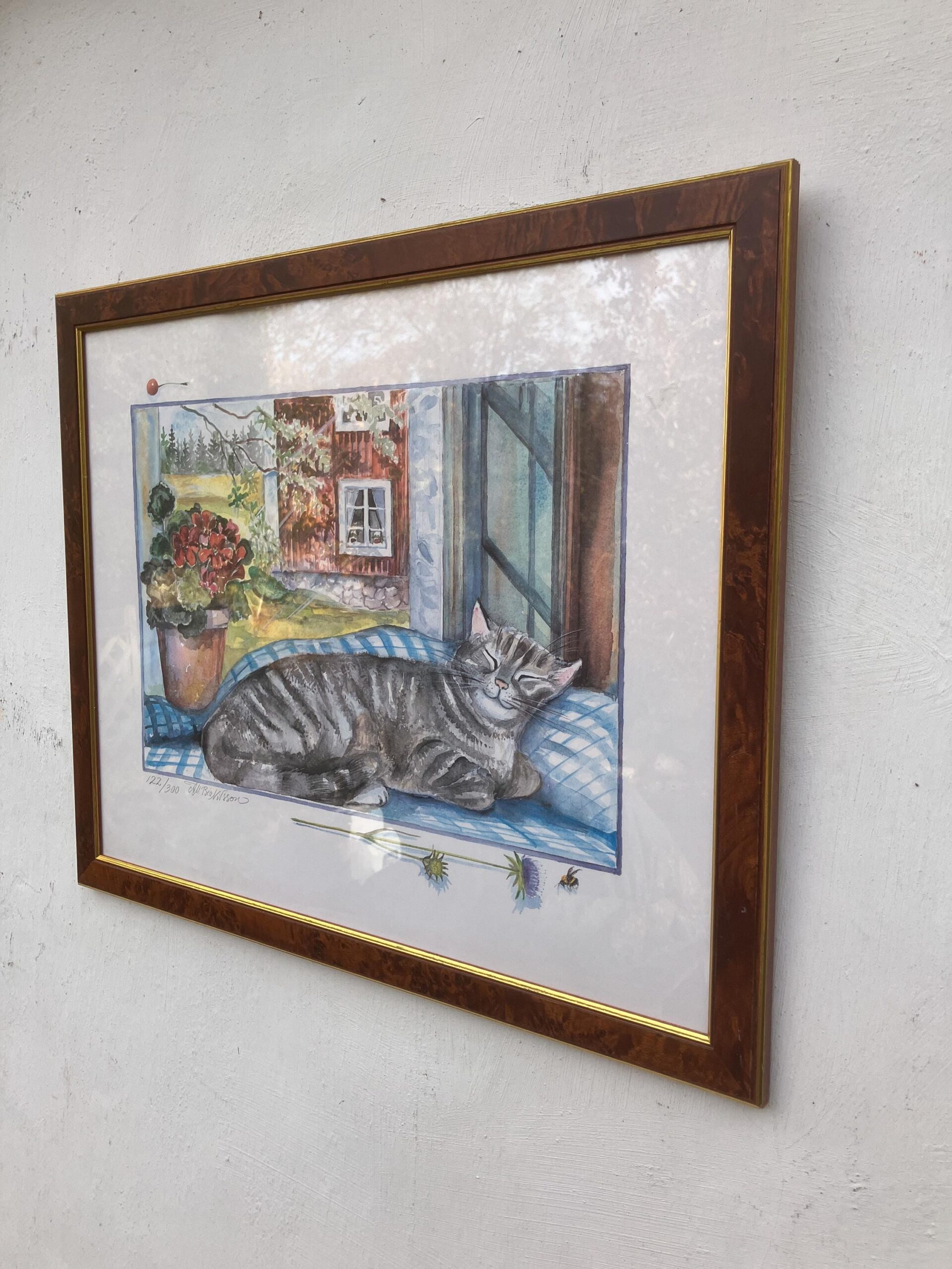 Signed Watercolor Print – Framed Swedish Art, Cat in Sunlit Window - Image 7