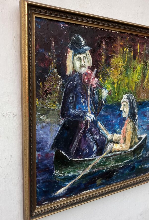 Swedish Naïve Oil Painting – Humorous Boat Scene with Violinist, Original Scandinavian Artwork
