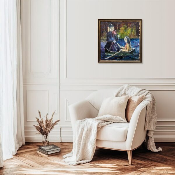 Swedish Naïve Oil Painting – Humorous Boat Scene with Violinist, Original Scandinavian Artwork