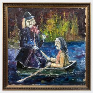 Swedish Naïve Oil Painting – Humorous Boat Scene with Violinist, Original Scandinavian Artwork