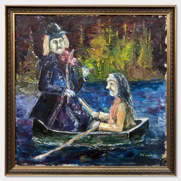 Swedish Naïve Oil Painting – Humorous Boat Scene with Violinist, Original Scandinavian Artwork