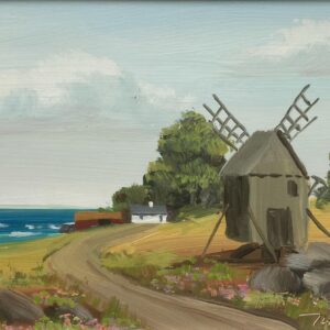 Vintage Folk Art Oil Painting, Swedish Windmill by Sea, 1970s Framed Art - Image 3