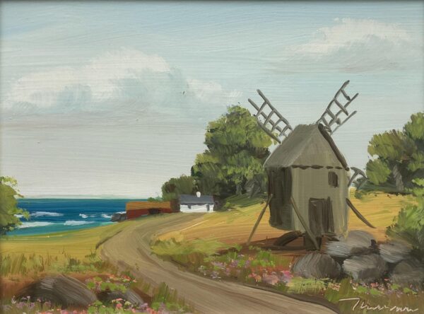 Vintage Folk Art Oil Painting, Swedish Windmill by Sea, 1970s Framed Art