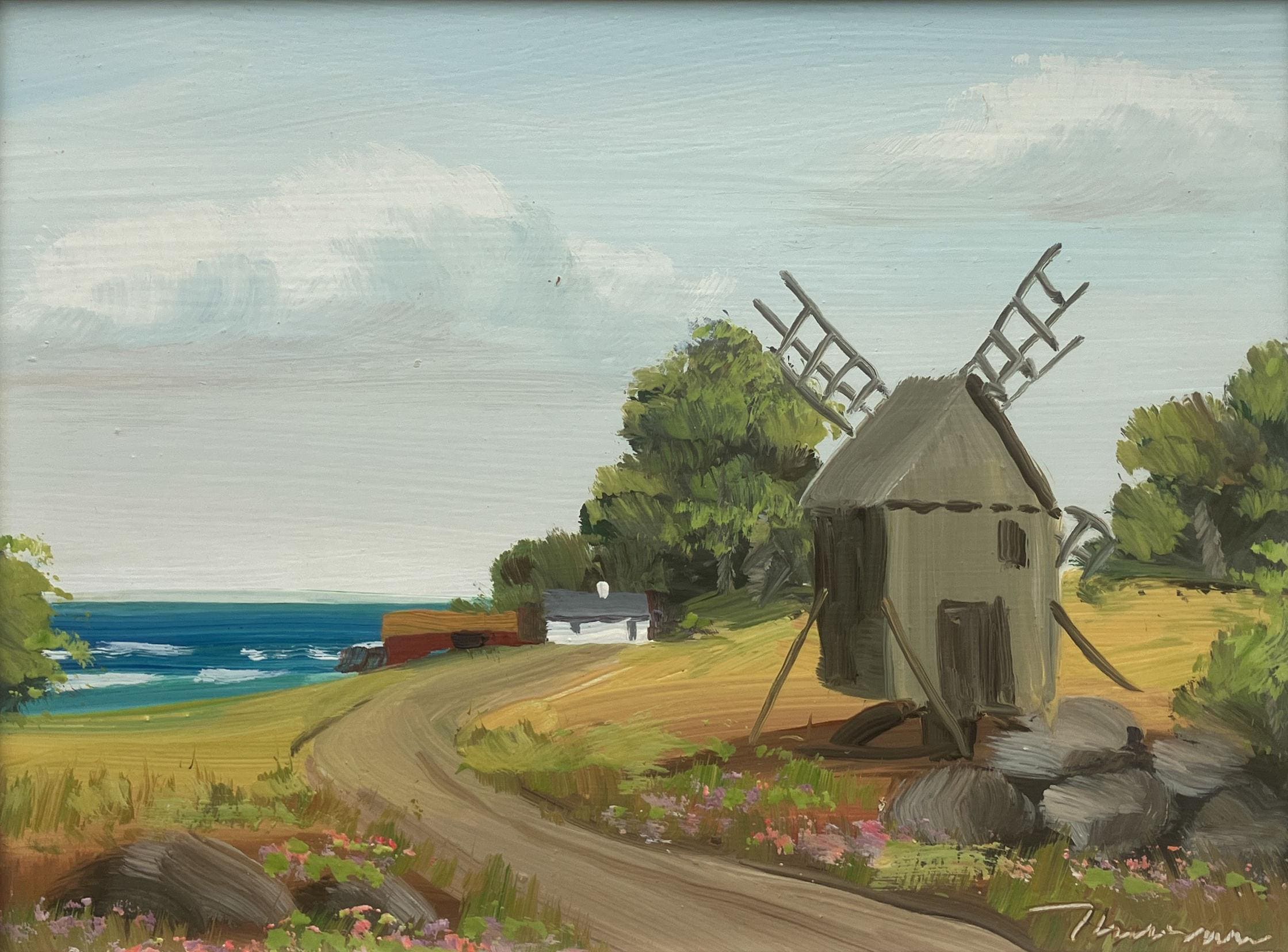 Vintage Folk Art Oil Painting, Swedish Windmill by Sea, 1970s Framed Art - Image 3