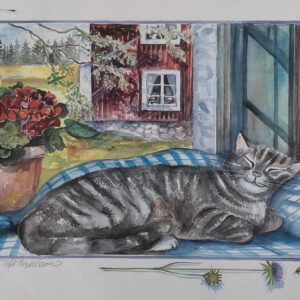Signed Watercolor Print – Framed Swedish Art, Cat in Sunlit Window - Image 3