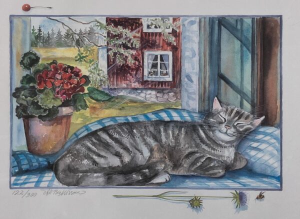 Signed Watercolor Print – Framed Swedish Art, Cat in Sunlit Window