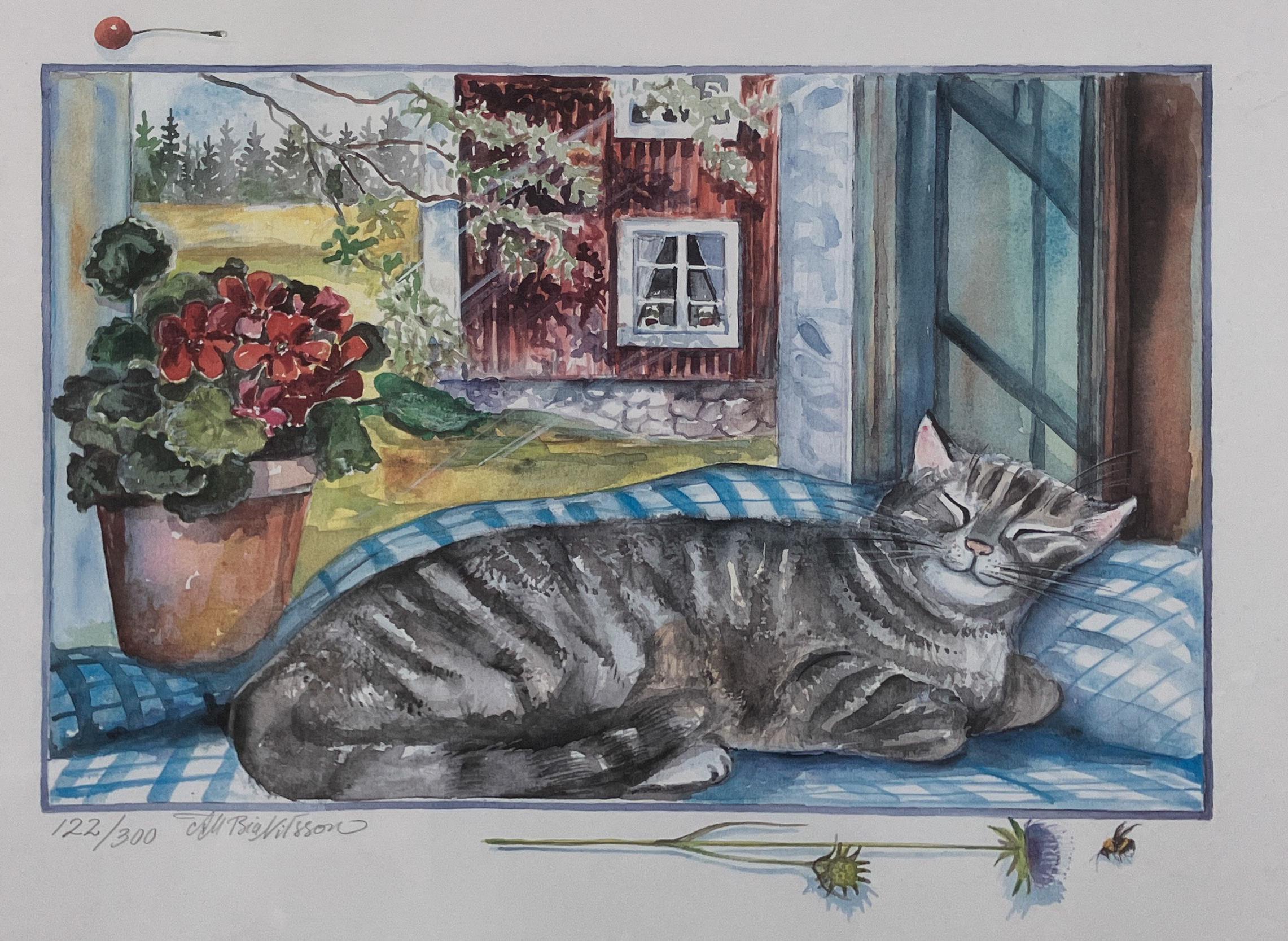 Signed Watercolor Print – Framed Swedish Art, Cat in Sunlit Window - Image 3