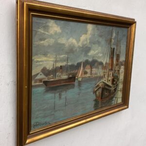 Vintage Oil Painting – Danish Harbor Scene with Boats, Original Scandinavian Artwork - Image 5