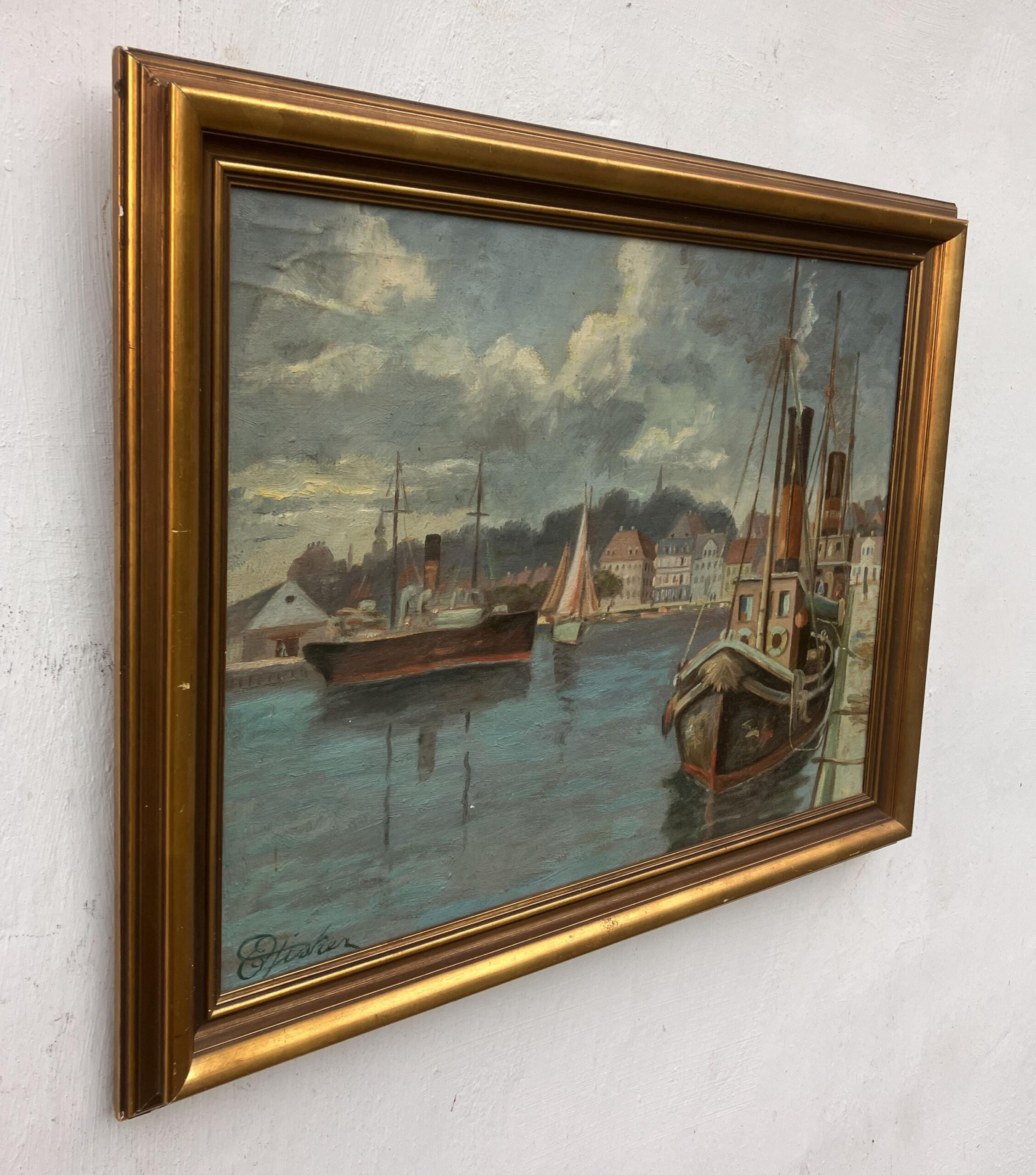 Vintage Oil Painting – Danish Harbor Scene with Boats, Original Scandinavian Artwork - Image 5