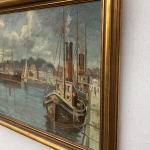 Vintage Oil Painting – Danish Harbor Scene with Boats, Original Scandinavian Artwork - Image 6