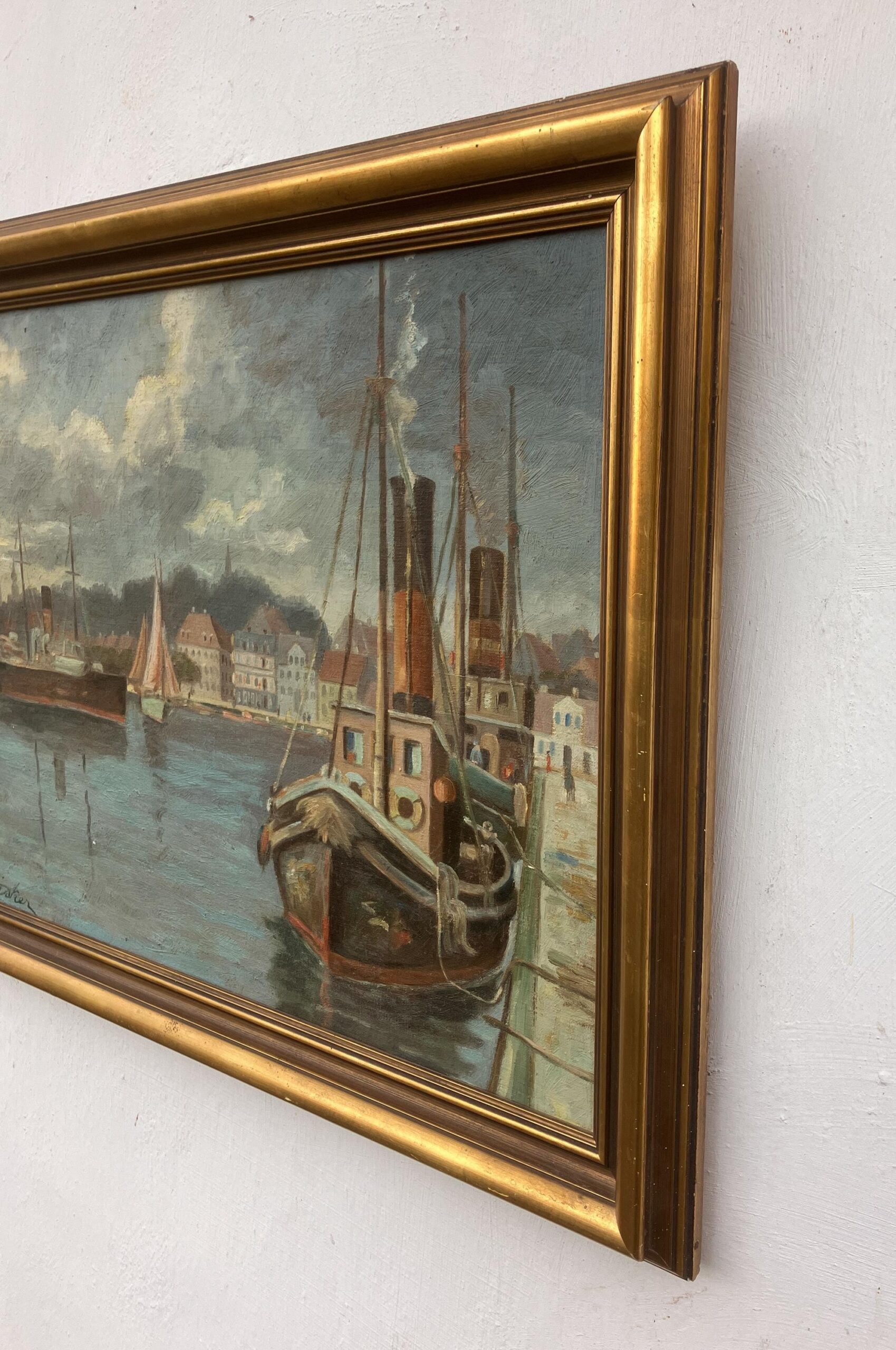 Vintage Oil Painting – Danish Harbor Scene with Boats, Original Scandinavian Artwork - Image 6