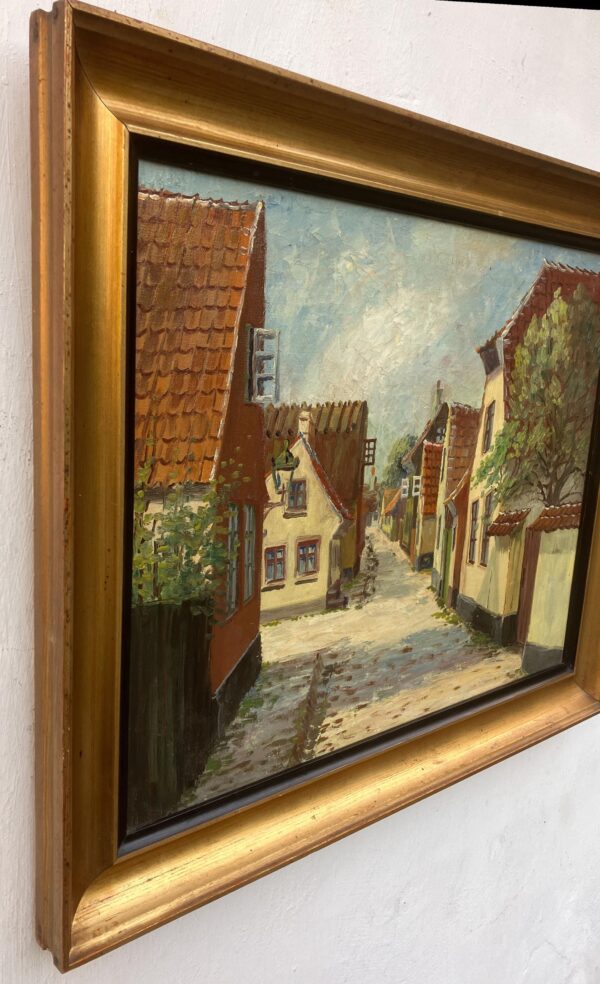Vintage Oil Painting: Danish Village Street Summer Scene , Framed Original Scandinavian Art