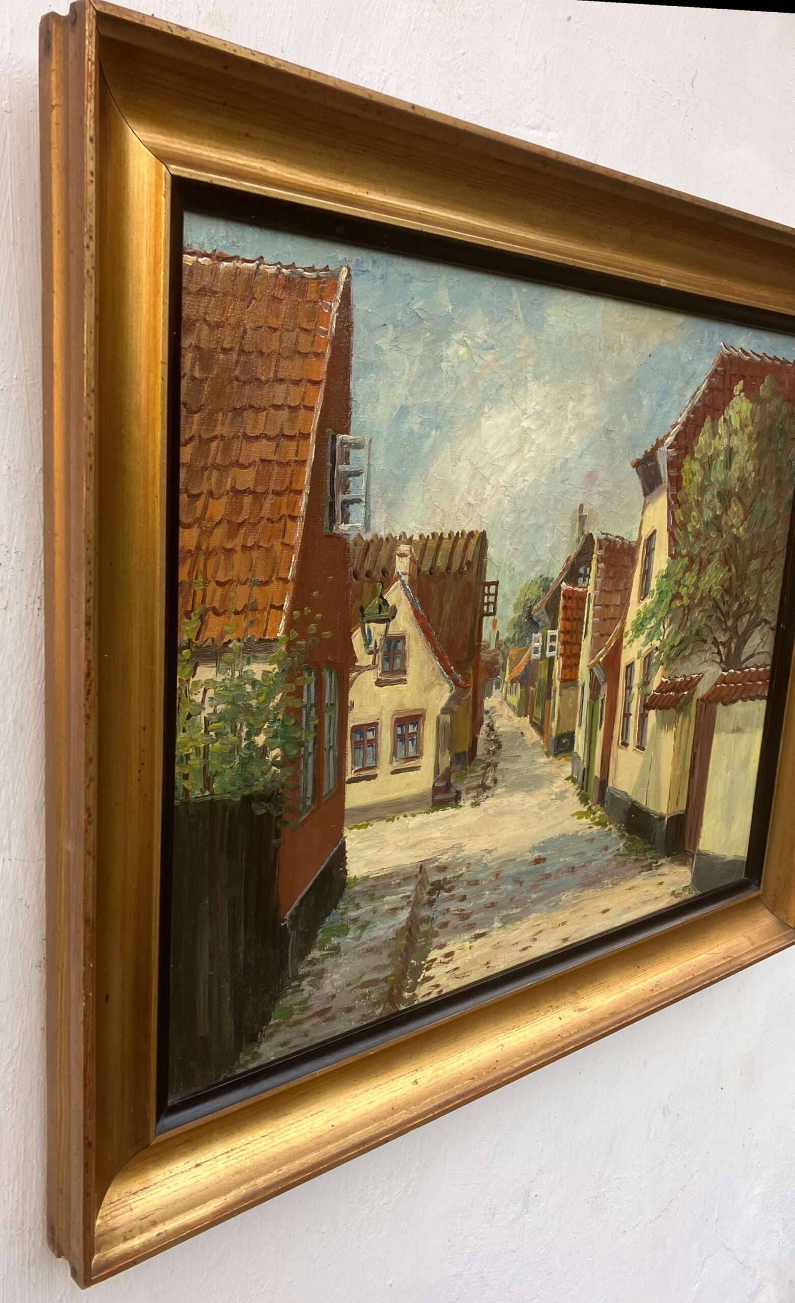 Vintage Oil Painting: Danish Village Street Summer Scene , Framed Original Scandinavian Art - Image 4
