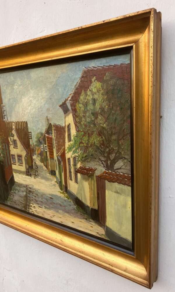 Vintage Oil Painting: Danish Village Street Summer Scene , Framed Original Scandinavian Art