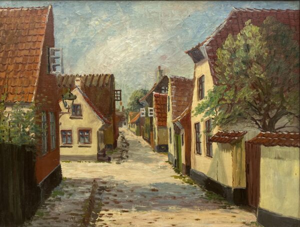 Vintage Oil Painting: Danish Village Street Summer Scene , Framed Original Scandinavian Art