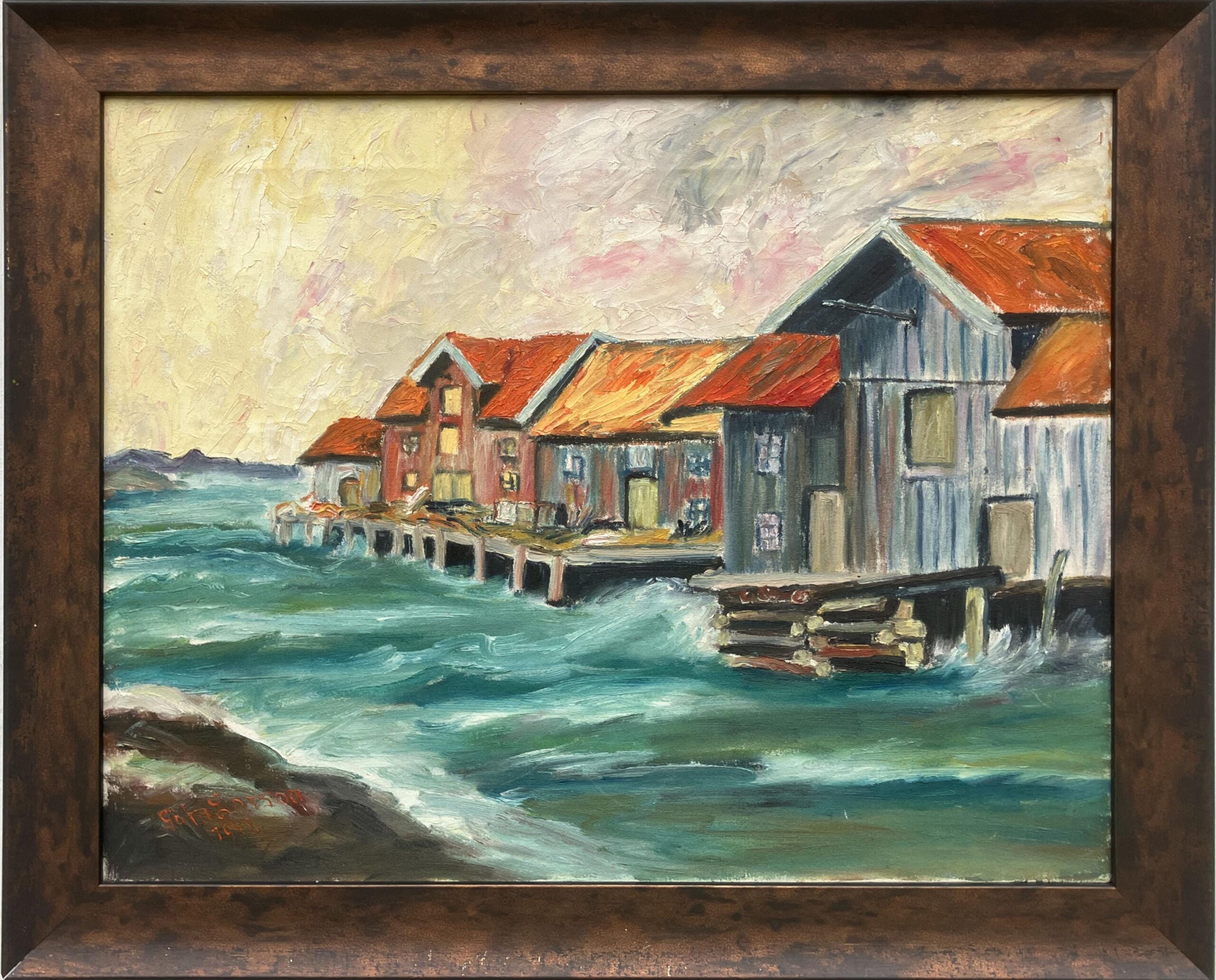 Original Oil Painting: Swedish West Coast Houses, Örust Island, 1940s Art - Image 2