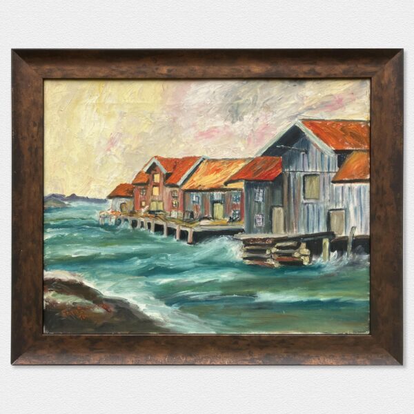 Original Oil Painting: Swedish West Coast Houses, Örust Island, 1940s Art