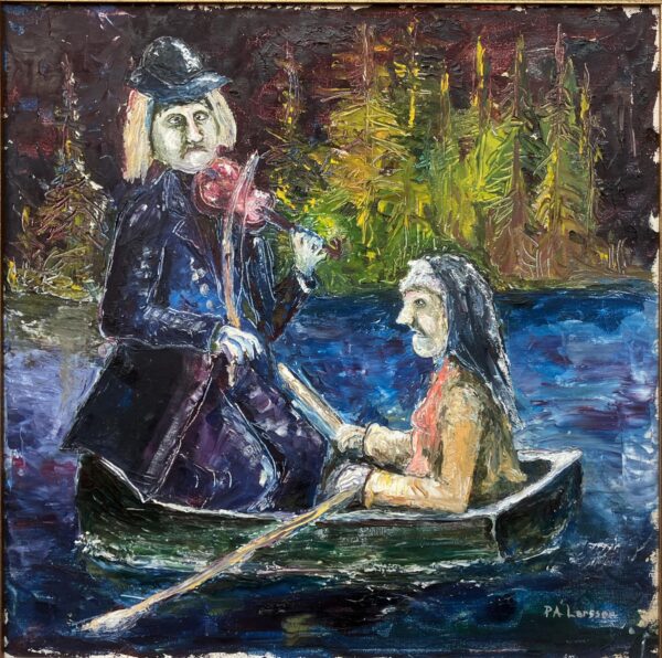 Swedish Naïve Oil Painting – Humorous Boat Scene with Violinist, Original Scandinavian Artwork