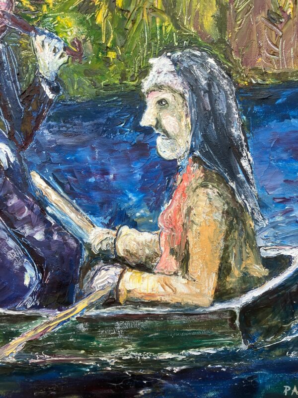 Swedish Naïve Oil Painting – Humorous Boat Scene with Violinist, Original Scandinavian Artwork