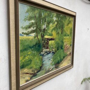 Original Swedish Oil Painting – Green Countryside Stream with Bridge – Mid Century – Framed - Image 4