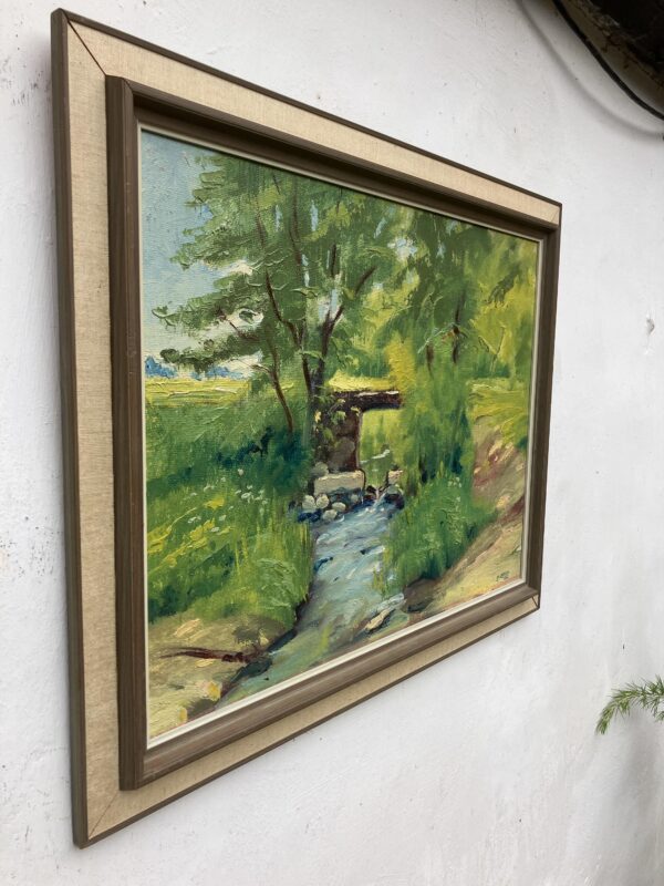 Original Swedish Oil Painting – Green Countryside Stream with Bridge – Mid Century – Framed
