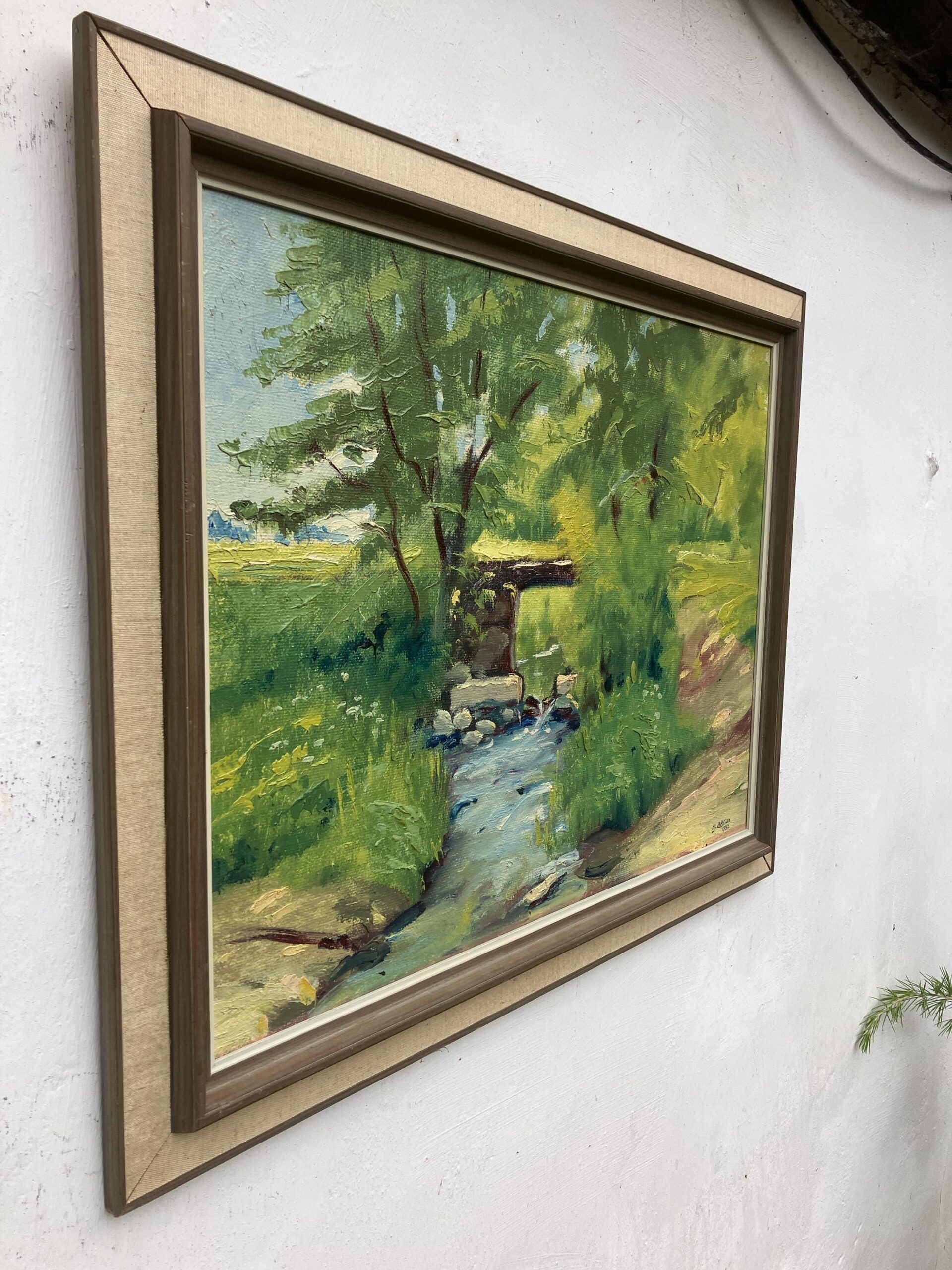 Original Swedish Oil Painting – Green Countryside Stream with Bridge – Mid Century – Framed - Image 4