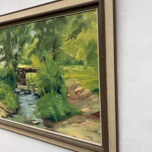 Original Swedish Oil Painting – Green Countryside Stream with Bridge – Mid Century – Framed - Image 5