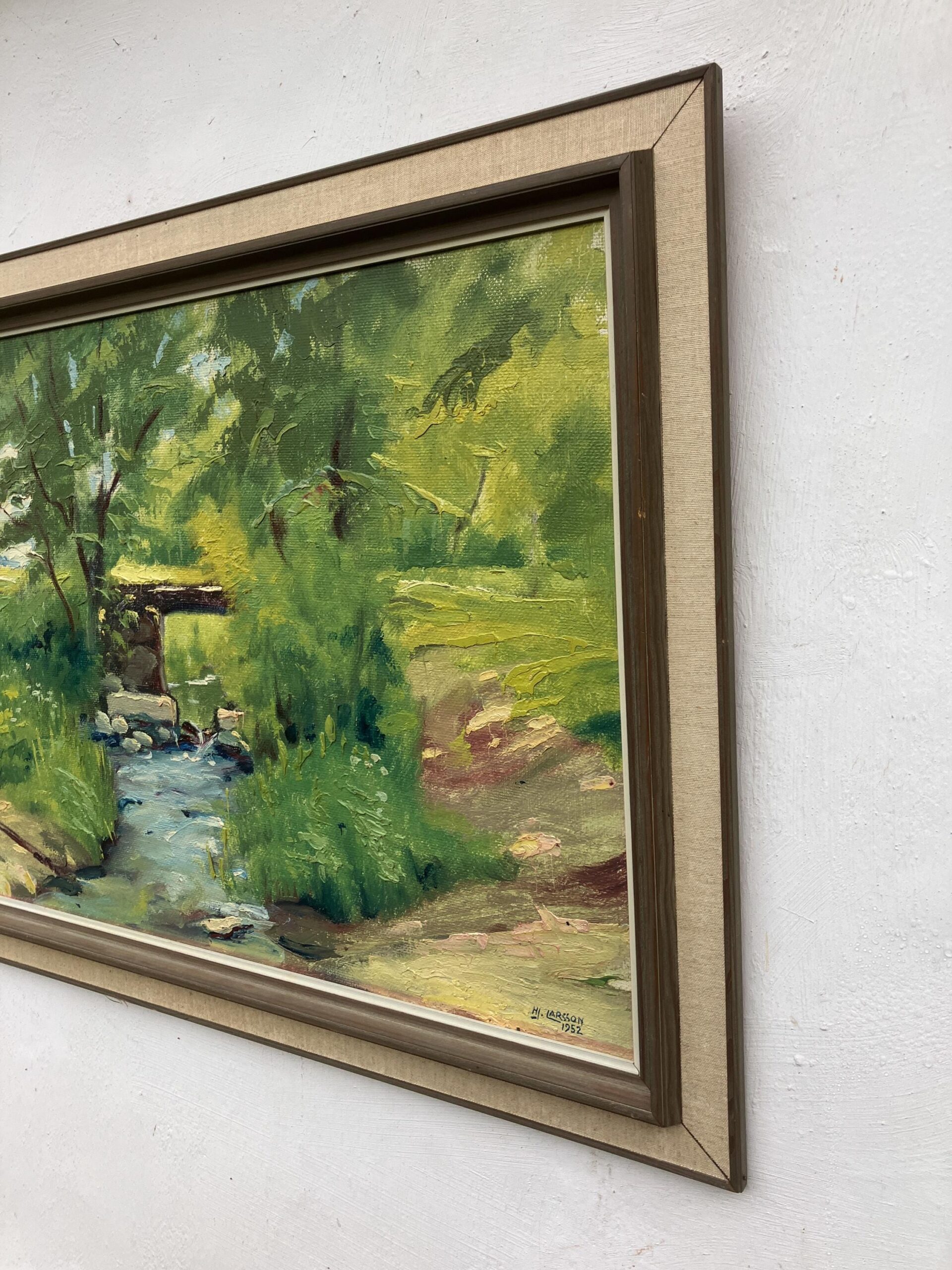 Original Swedish Oil Painting – Green Countryside Stream with Bridge – Mid Century – Framed - Image 5