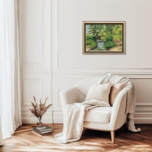 Original Swedish Oil Painting – Green Countryside Stream with Bridge – Mid Century – Framed - Image 2