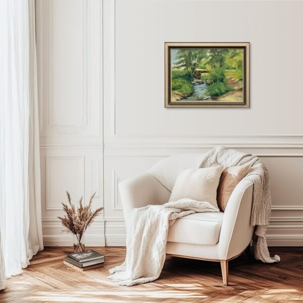 Original Swedish Oil Painting – Green Countryside Stream with Bridge – Mid Century – Framed