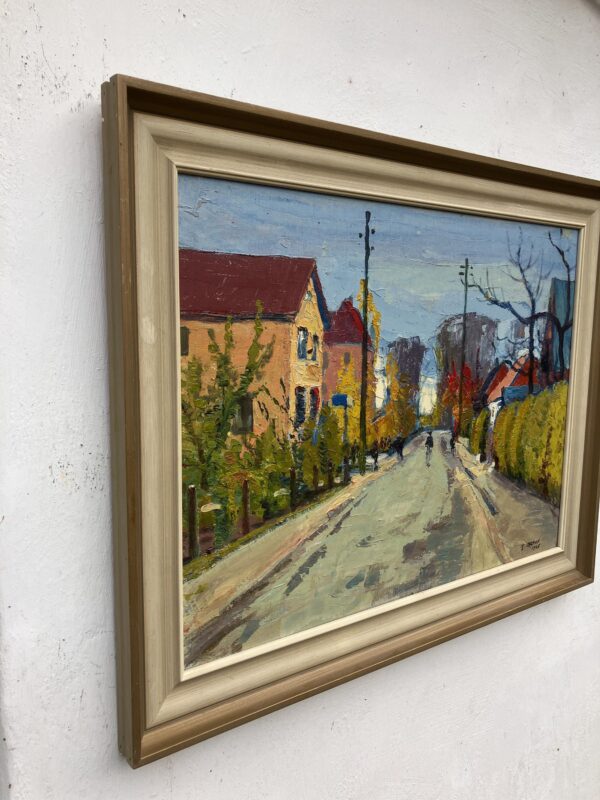 Vintage Oil Painting: Swedish Street Scene by Hjalmar Larsson, 1945 , Framed Original Swedish Art