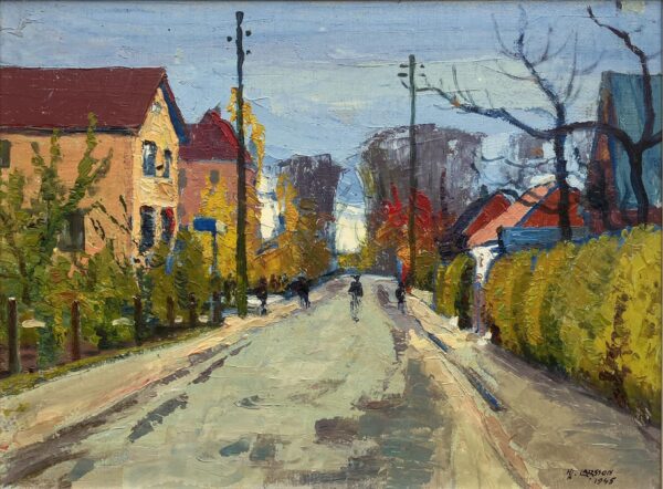 Vintage Oil Painting: Swedish Street Scene by Hjalmar Larsson, 1945 , Framed Original Swedish Art