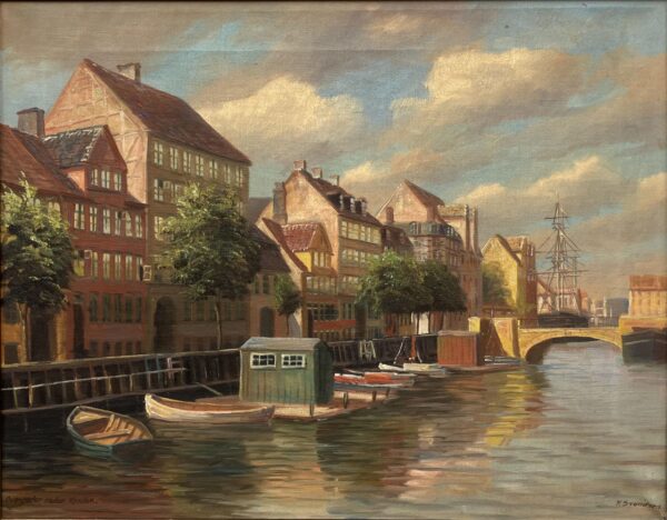 Vintage Oil Painting – Christianshavn Copenhagen Canal Scene, Danish Fine Art,