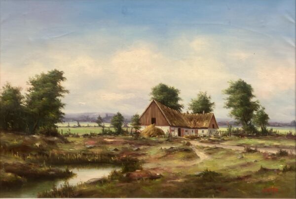 Original Vintage Oil Painting – Swedish Countryside Cottage Scene, Original Scandinavian Art