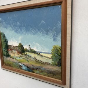 Vintage Oil Painting – Swedish Landscape with Farmhouse and Windmill, Scandinavian  Original artwork - Image 5