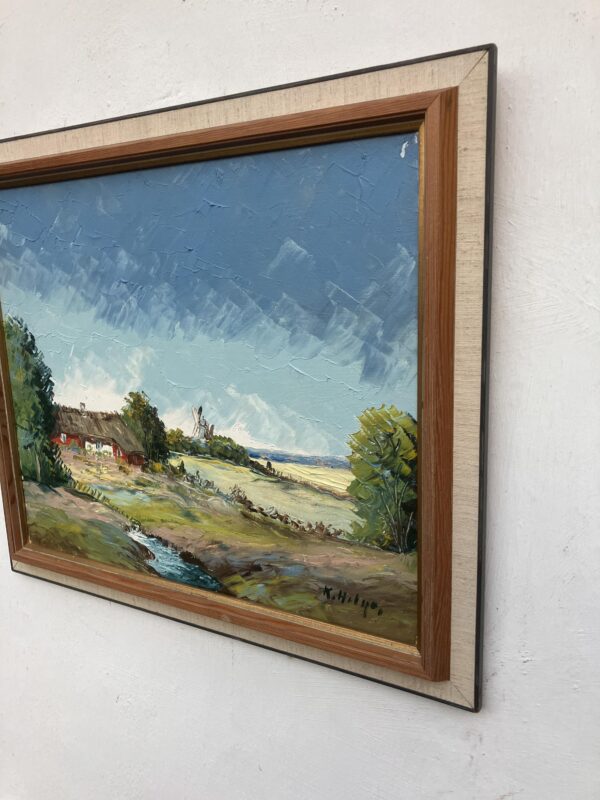 Vintage Oil Painting – Swedish Landscape with Farmhouse and Windmill, Scandinavian  Original artwork