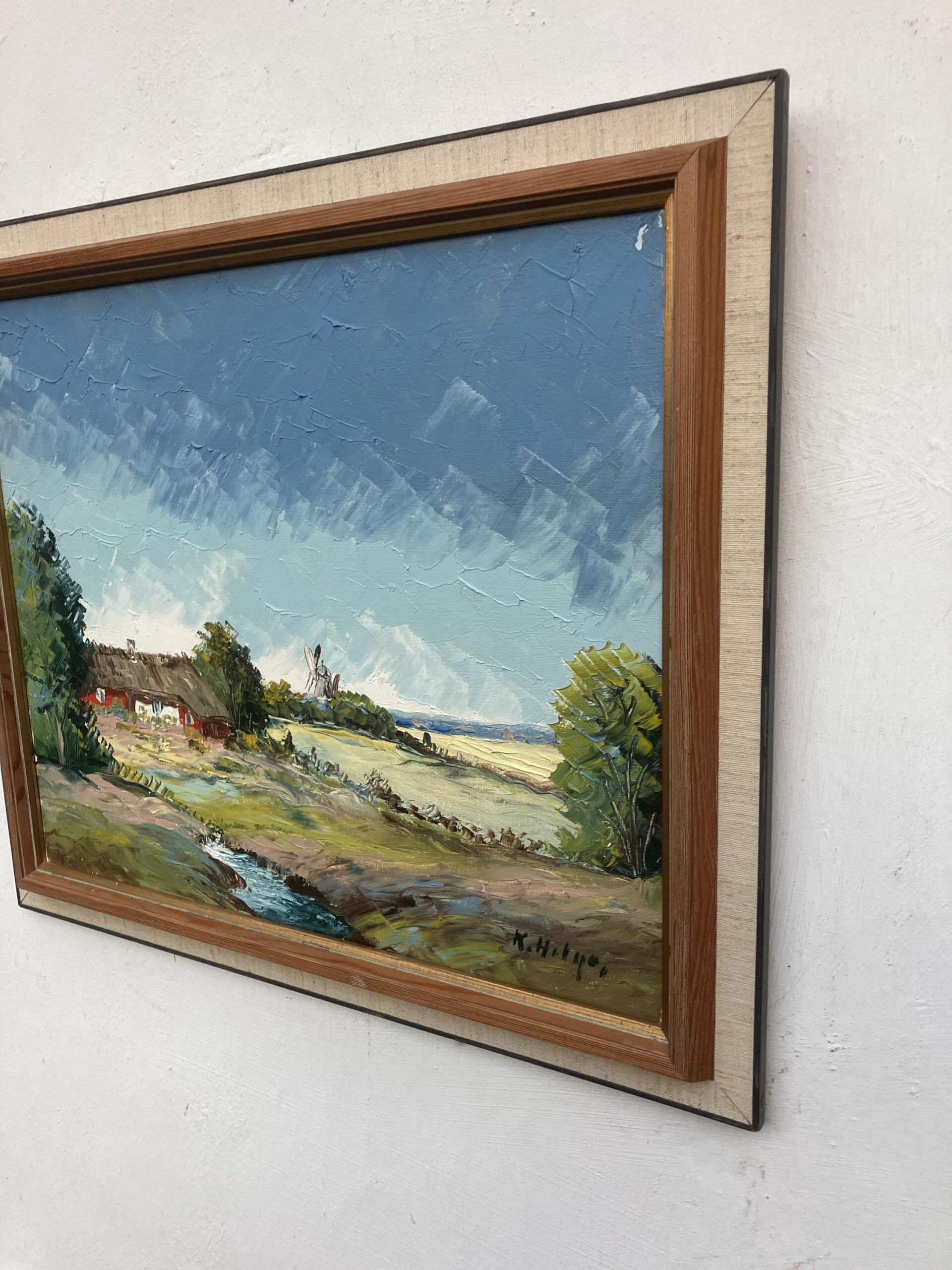 Vintage Oil Painting – Swedish Landscape with Farmhouse and Windmill, Scandinavian  Original artwork - Image 5