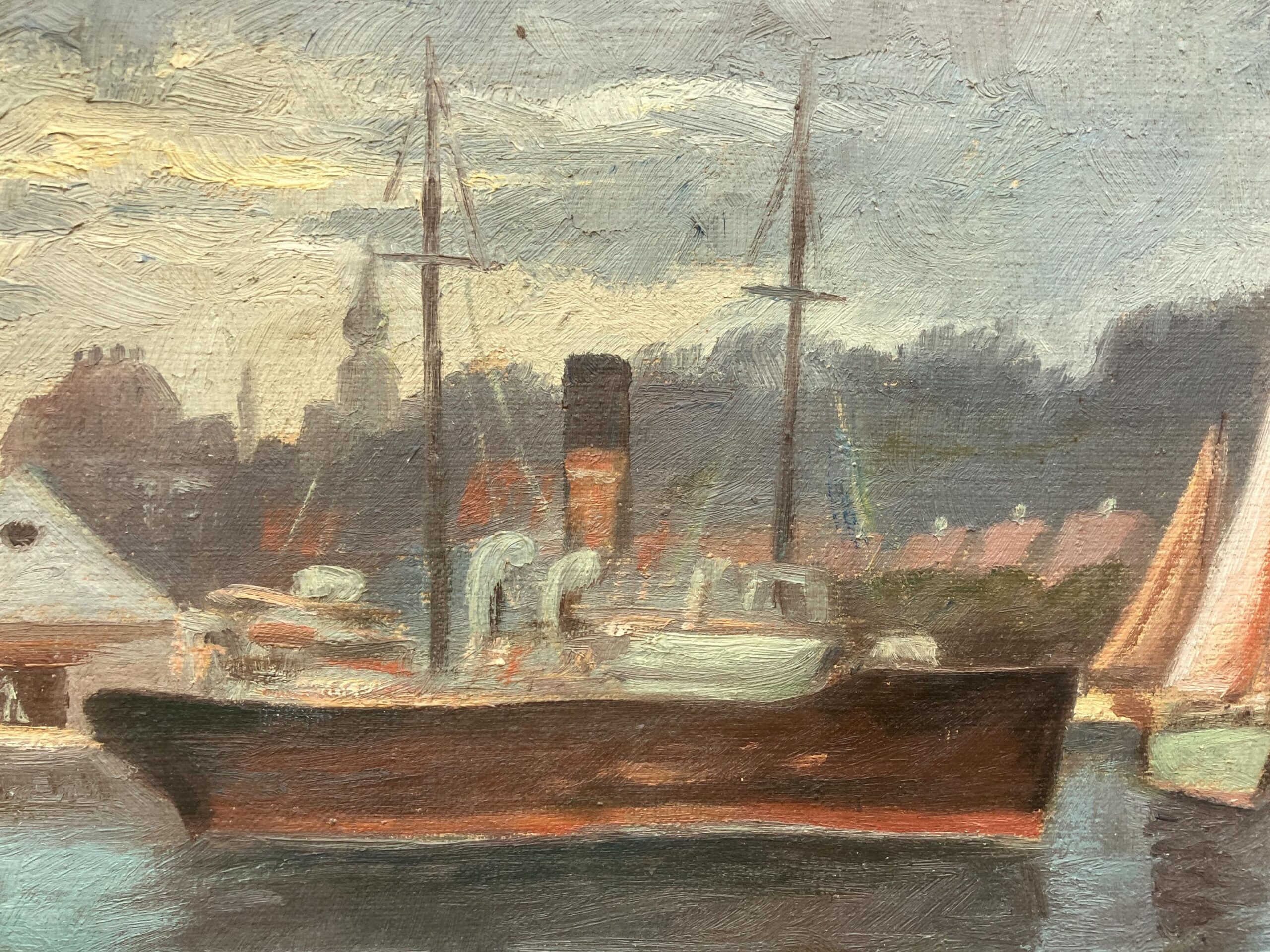 Vintage Oil Painting – Danish Harbor Scene with Boats, Original Scandinavian Artwork - Image 8