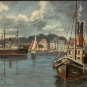 Vintage Oil Painting – Danish Harbor Scene with Boats, Original Scandinavian Artwork - Image 4
