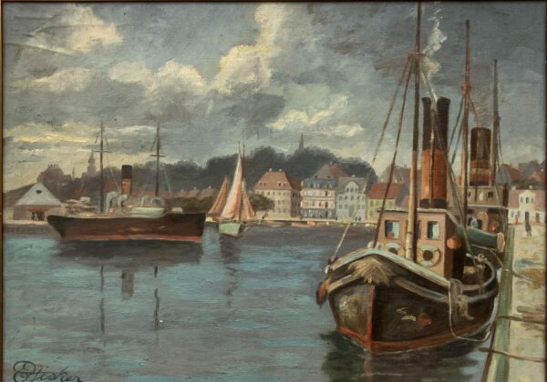 Vintage Oil Painting – Danish Harbor Scene with Boats, Original Scandinavian Artwork