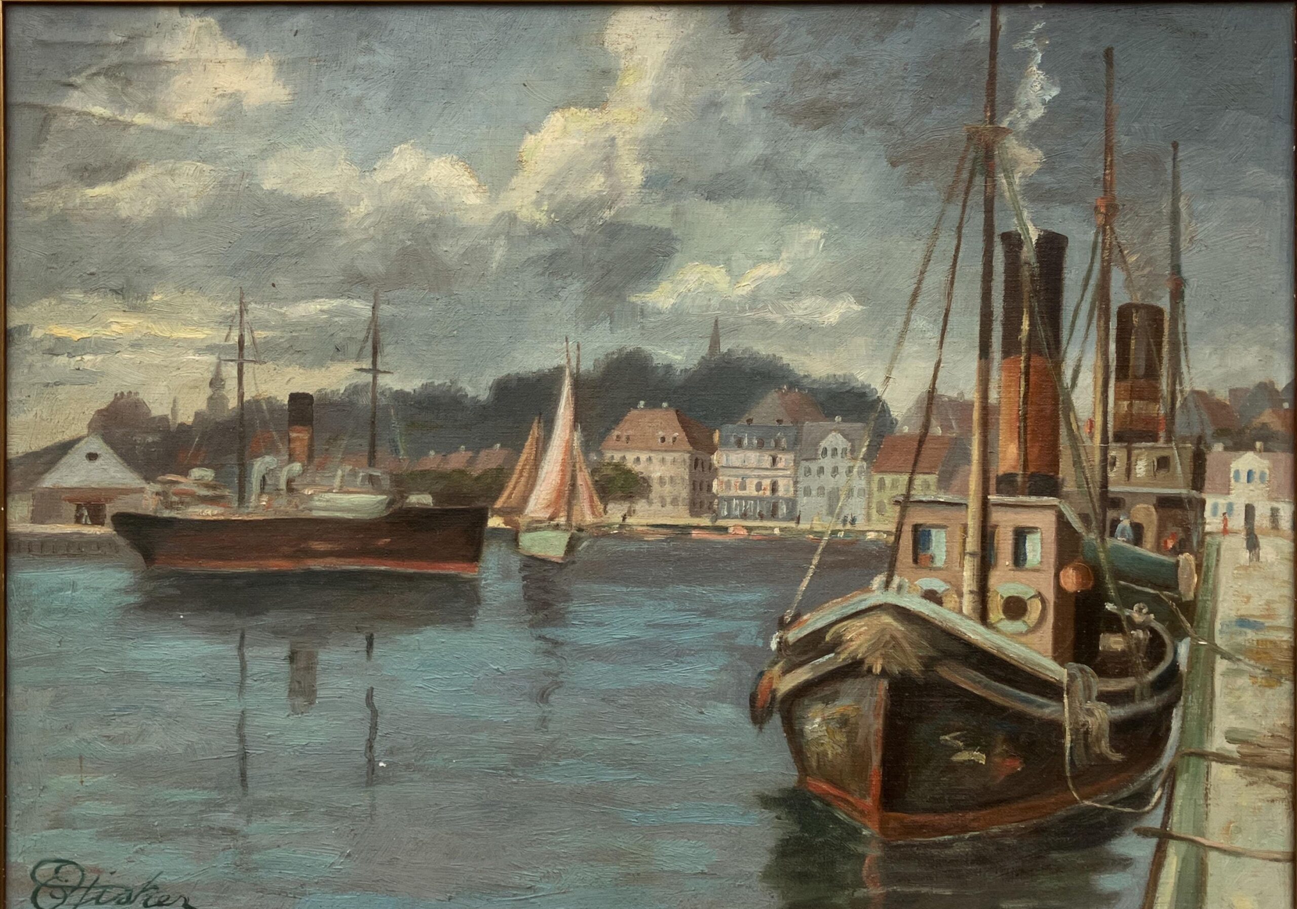Vintage Oil Painting – Danish Harbor Scene with Boats, Original Scandinavian Artwork - Image 4