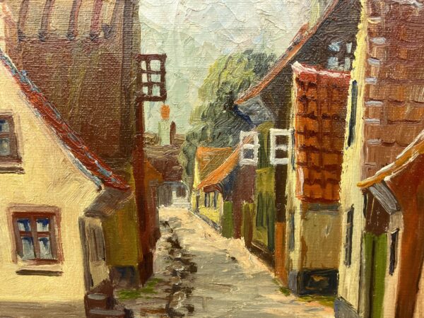 Vintage Oil Painting: Danish Village Street Summer Scene , Framed Original Scandinavian Art