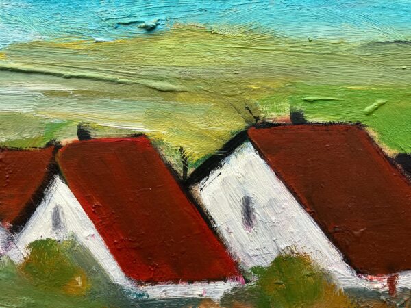 Original Swedish oil painting, Medium village landscape farmhouses, Mid Century modernist, Scandinavian decor