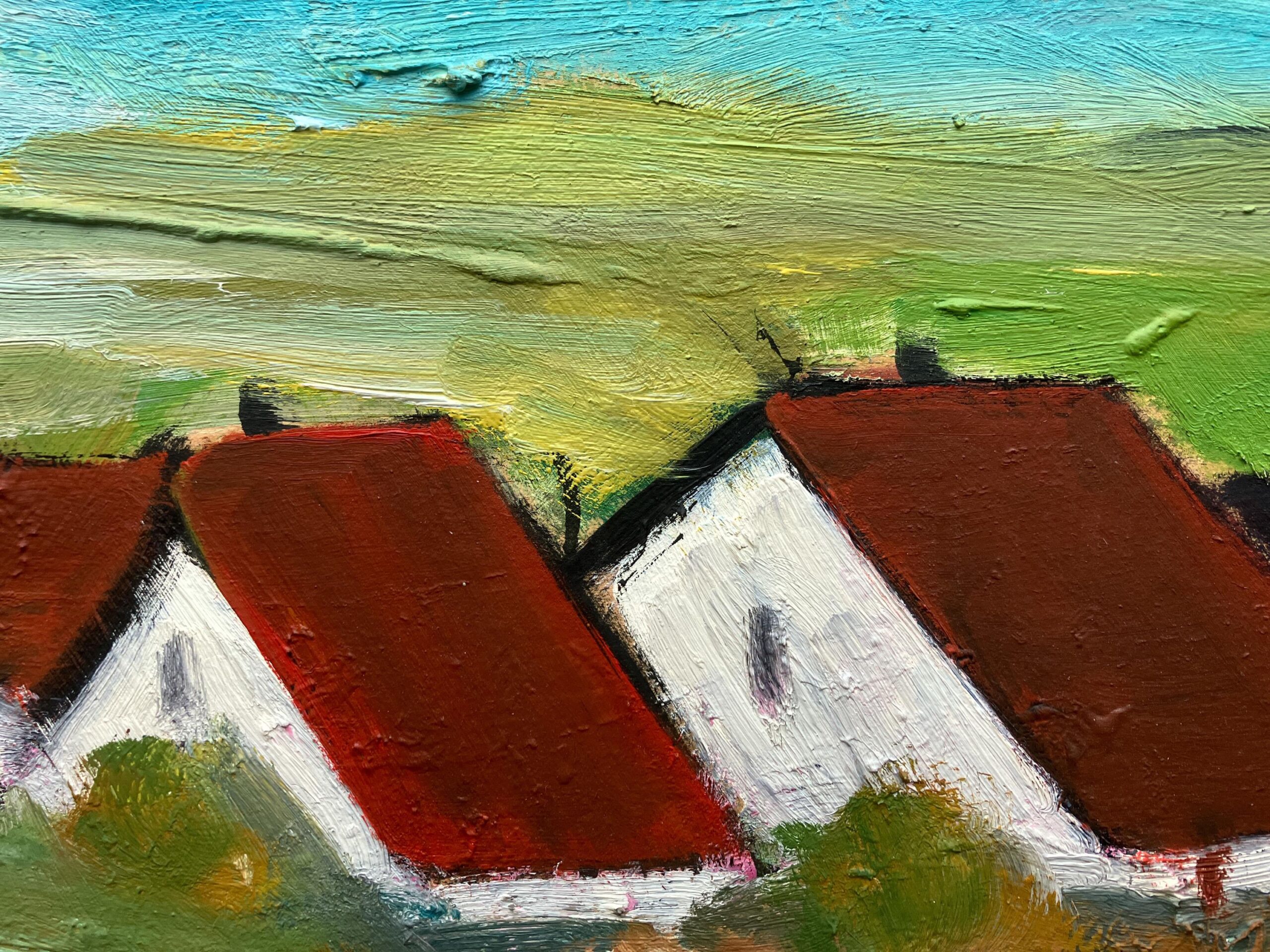 Original Swedish oil painting, Medium village landscape farmhouses, Mid Century modernist, Scandinavian decor - Image 8