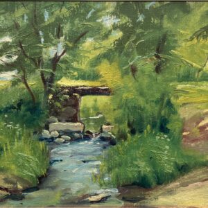 Original Swedish Oil Painting – Green Countryside Stream with Bridge – Mid Century – Framed - Image 3