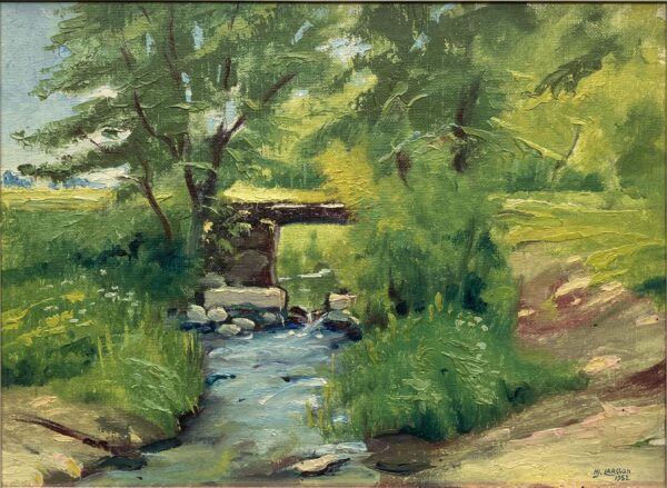 Original Swedish Oil Painting – Green Countryside Stream with Bridge – Mid Century – Framed