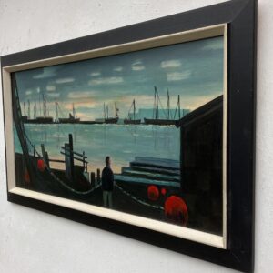Original Danish Oil Painting – Moody Harbor Scene with Boats – Mid Century – Framed - Image 5