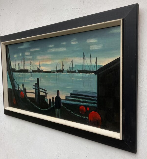 Original Danish Oil Painting – Moody Harbor Scene with Boats – Mid Century – Framed