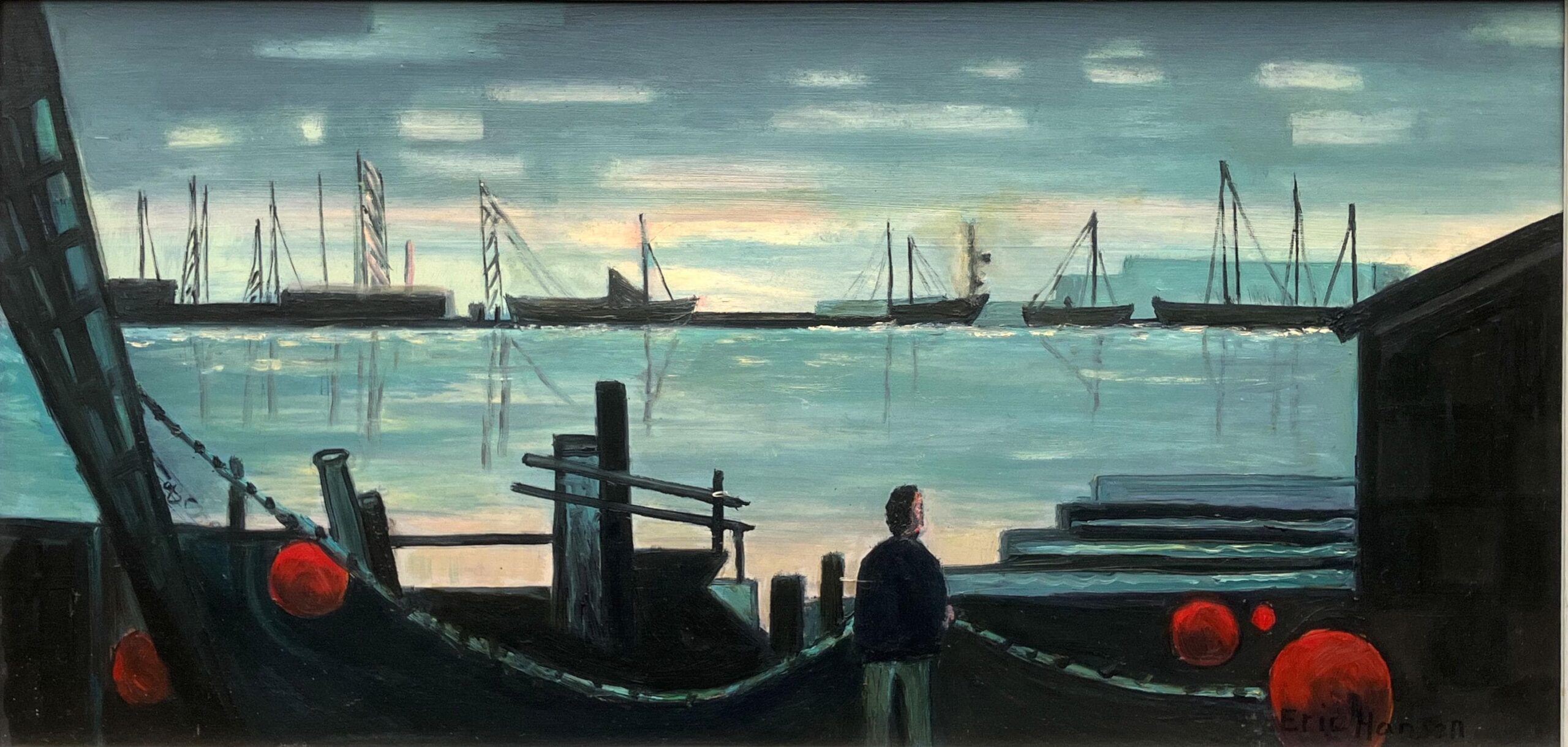 Original Danish Oil Painting – Moody Harbor Scene with Boats – Mid Century – Framed - Image 3